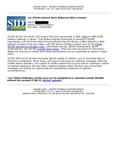 2003-10-02 SIDToday - Second Party Bilaterals Held in Hawaii