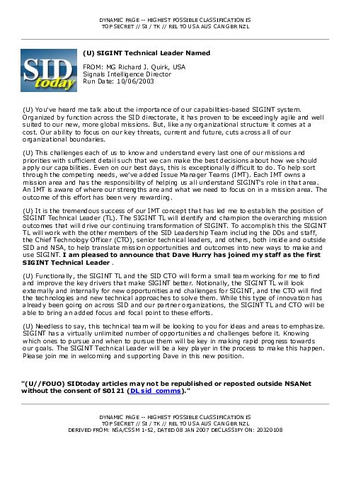 2003-10-06 SIDToday - SIGINT Technical Leader Named
