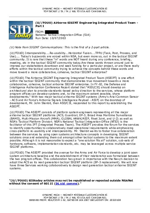 2003-10-07 SIDToday - Airborne SIGINT Engineering Integrated Product Team - Part I