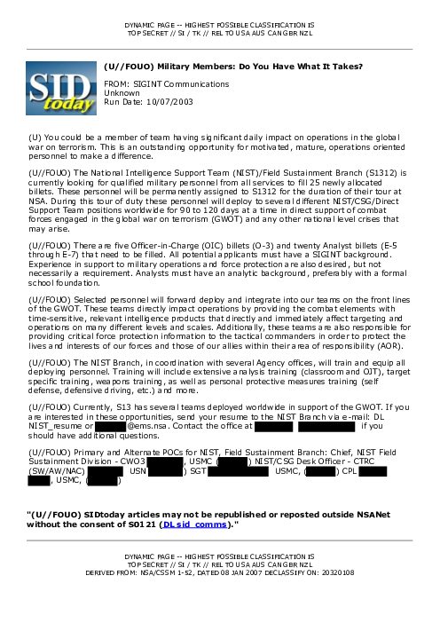 2003-10-07 SIDToday - Military Members Do You Have What It Takes