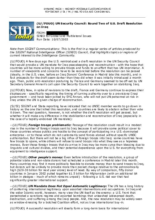 2003-10-07 SIDToday - UN Security Council Round Two of US Draft Resolution on Iraq