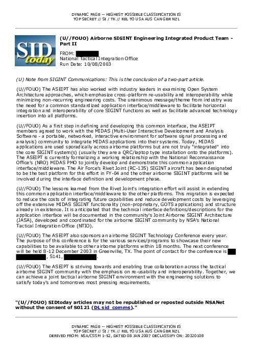 2003-10-08 SIDToday - Airborne SIGINT Engineering Integrated Product Team - Part II