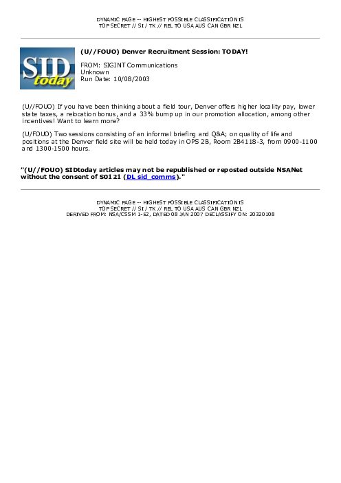 2003-10-08 SIDToday - Denver Recruitment Session TODAY