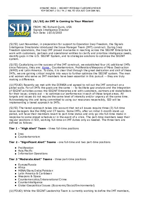 2003-10-10 SIDToday - An IMT is Coming to Your Mission