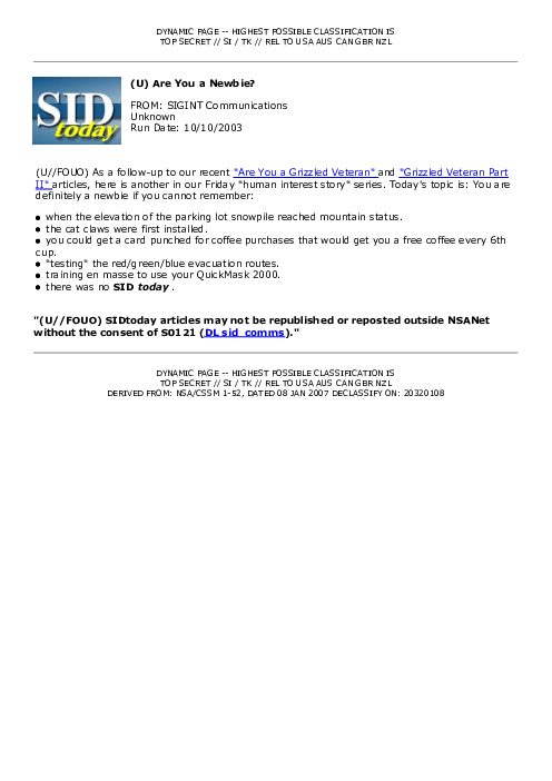 2003-10-10 SIDToday - Are You a Newbie