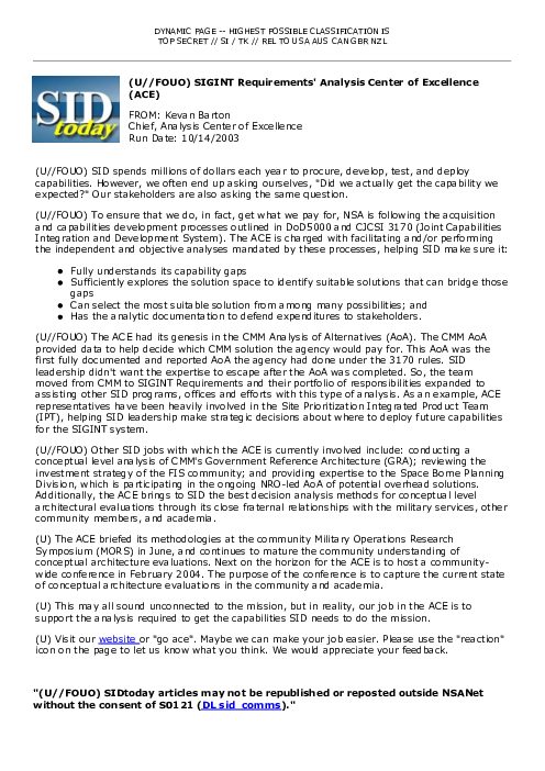 2003-10-14 SIDToday - SIGINT Requirements Analysis Center of Excellence ACE