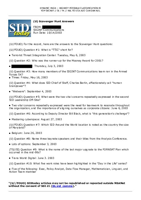 2003-10-14 SIDToday - Scavenger Hunt Answers