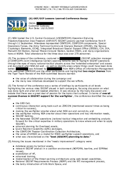 2003-10-15 SIDToday - OEFOIF Lessons Learned Conference Recap