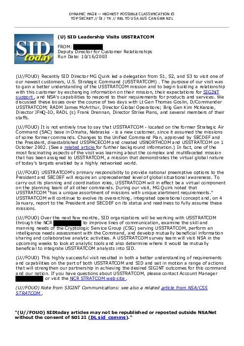 2003-10-16 SIDToday - SID Leadership Visits USSTRATCOM