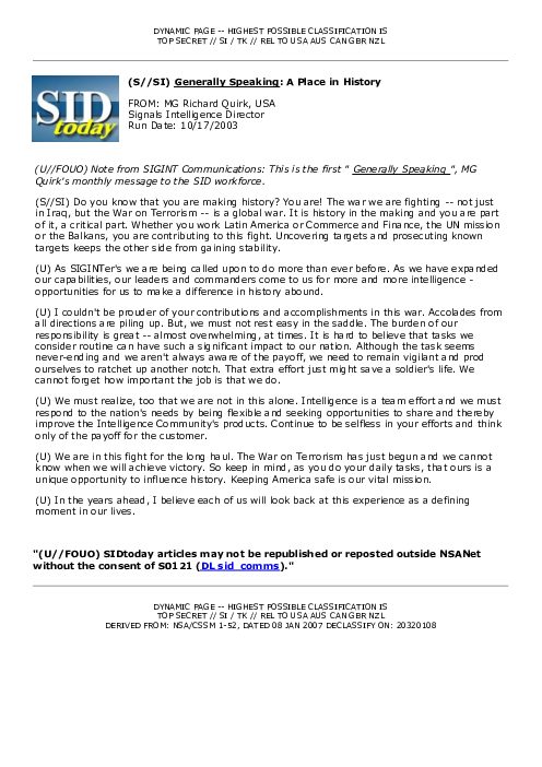 2003-10-17 SIDToday - Generally Speaking A Place in History