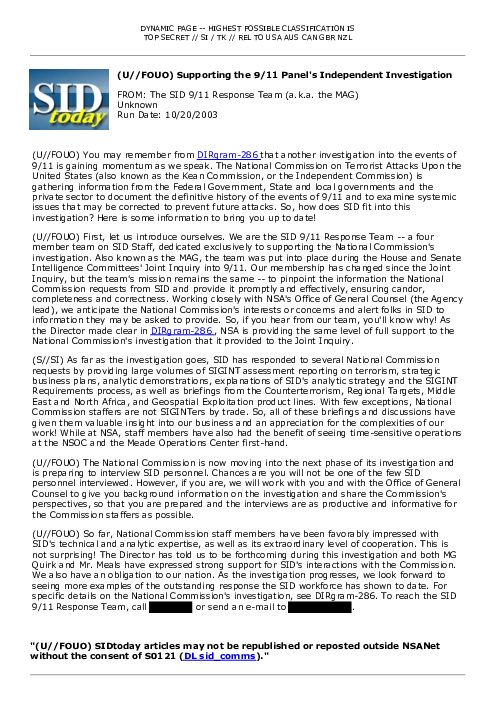 2003-10-20 SIDToday - Supporting the 911 Panels Independent Investigation