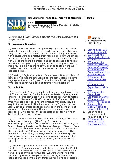 2003-10-23 SIDToday - Spanning The GlobeMisawa to Menwith Hill Part 2