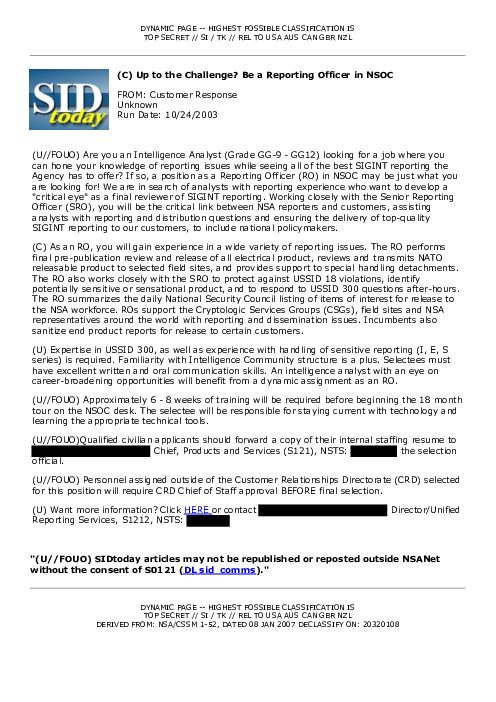 2003-10-24 SIDToday - Up to the Challenge Be a Reporting Officer in NSOC
