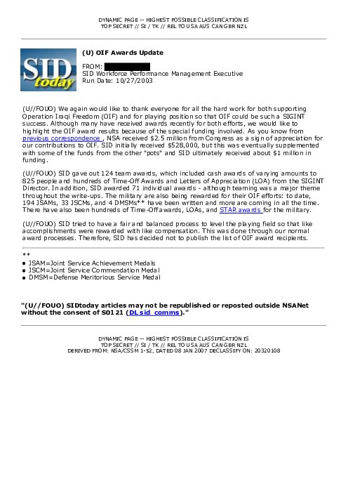2003-10-27 SIDToday - OIF Awards Update