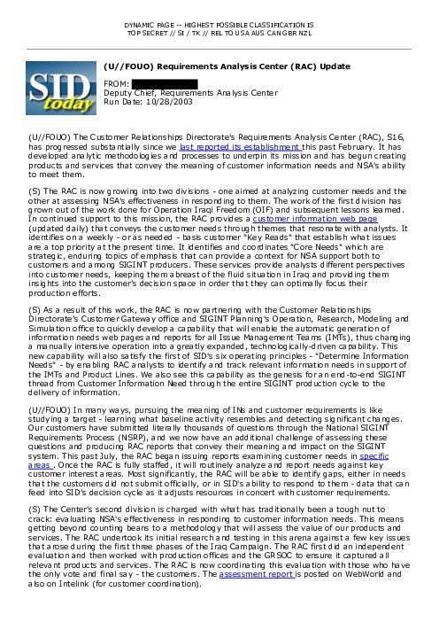 2003-10-28 SIDToday - Requirements Analysis Center RAC Update