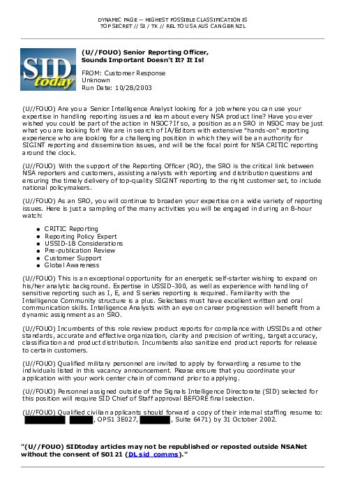 2003-10-28 SIDToday - Senior Reporting Officer Sounds Important Doesnt It It Is