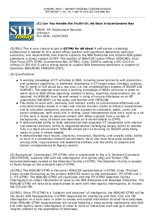 2003-10-29 SIDToday - Can You Handle the Truth or 90 Days in Guantanamo Bay