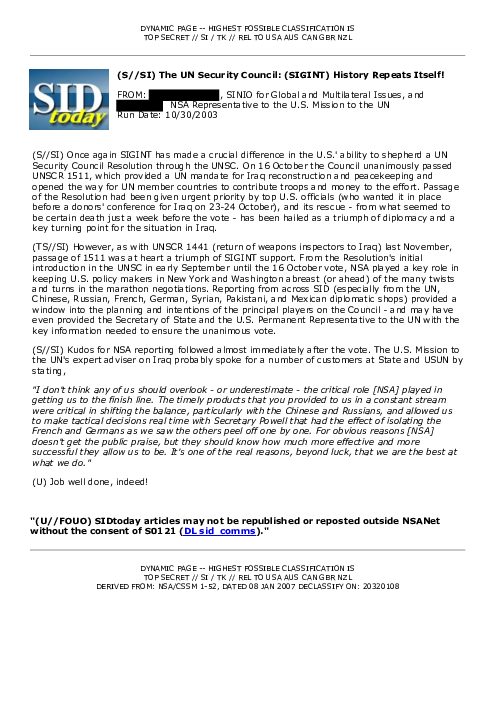 2003-10-30 SIDToday - The UN Security Council SIGINT History Repeats Itself