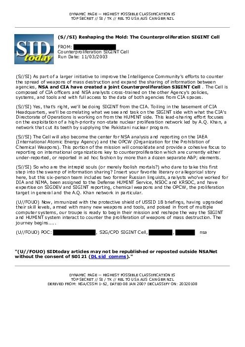 2003-11-03 SIDToday - Reshaping the Mold The Counterproliferation SIGINT Cell