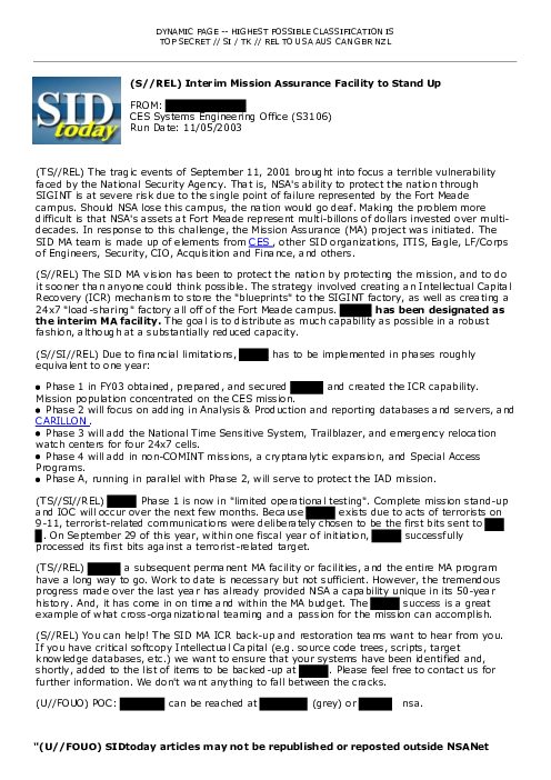 2003-11-05 SIDToday - Interim Mission Assurance Facility to Stand Up
