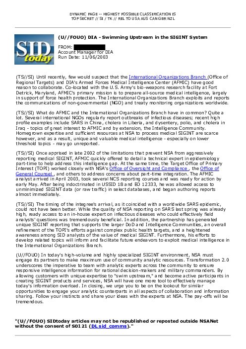 2003-11-06 SIDToday - DIA - Swimming Upstream in the SIGINT System