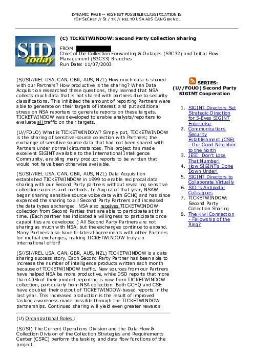 2003-11-07 SIDToday - TICKETWINDOW Second Party Collection Sharing