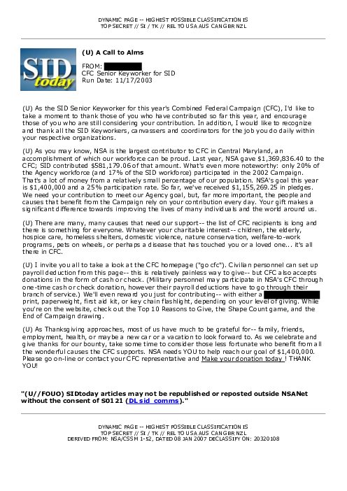 2003-11-17 SIDToday - A Call to Alms