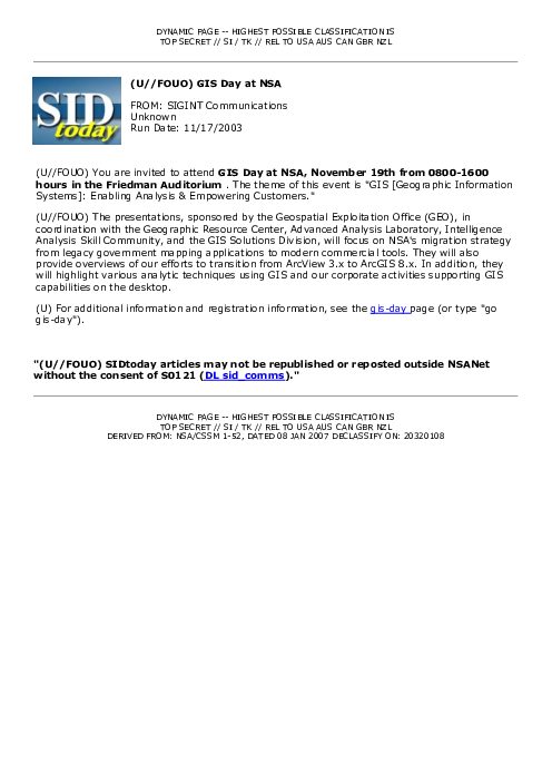 2003-11-17 SIDToday - GIS Day at NSA