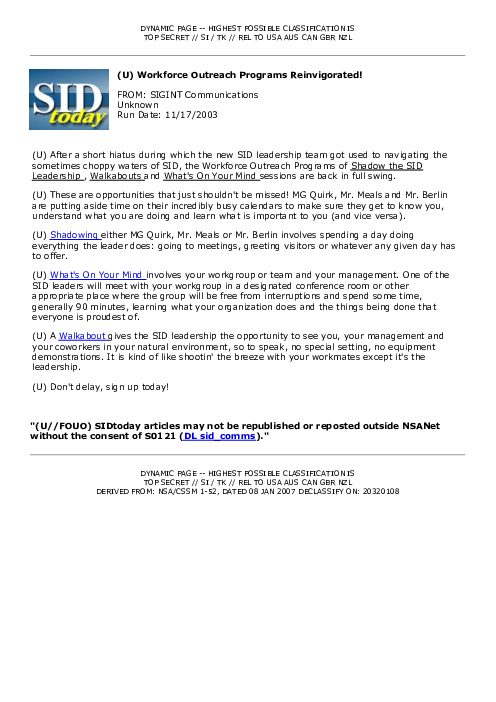 2003-11-17 SIDToday - Workforce Outreach Programs Reinvigorated