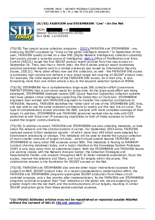 2003-11-19 SIDToday - FAIRVIEW and STORMBREW Live - On the Net