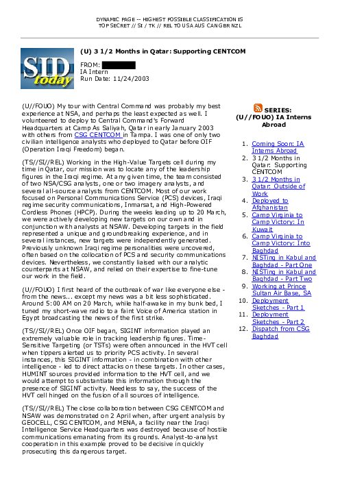 2003-11-24 SIDToday - 3 12 Months in Qatar Supporting CENTCOM