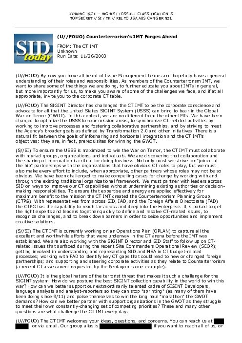 2003-11-26 SIDToday - Counterterrorisms IMT Forges Ahead