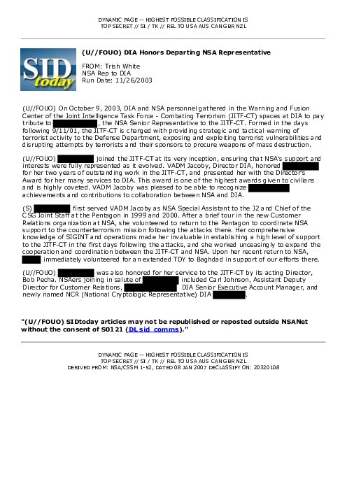 2003-11-26 SIDToday - DIA Honors Departing NSA Representative