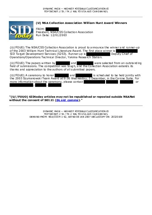 2003-12-01 SIDToday - NSA Collection Association William Hunt Award Winners