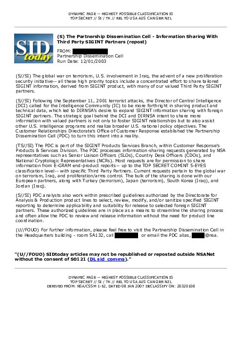2003-12-01 SIDToday - The Partnership Dissemination Cell - Information Sharing With Third Party SIGINT Partners repost