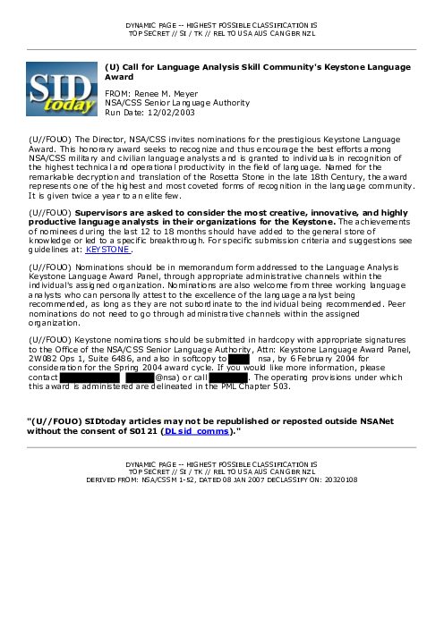 2003-12-02 SIDToday - Call for Language Analysis Skill Communitys Keystone Language Award