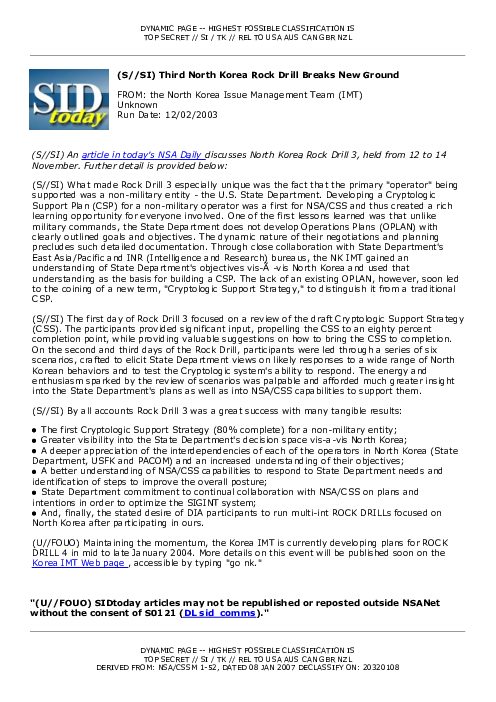 2003-12-02 SIDToday - Third North Korea Rock Drill Breaks New Ground