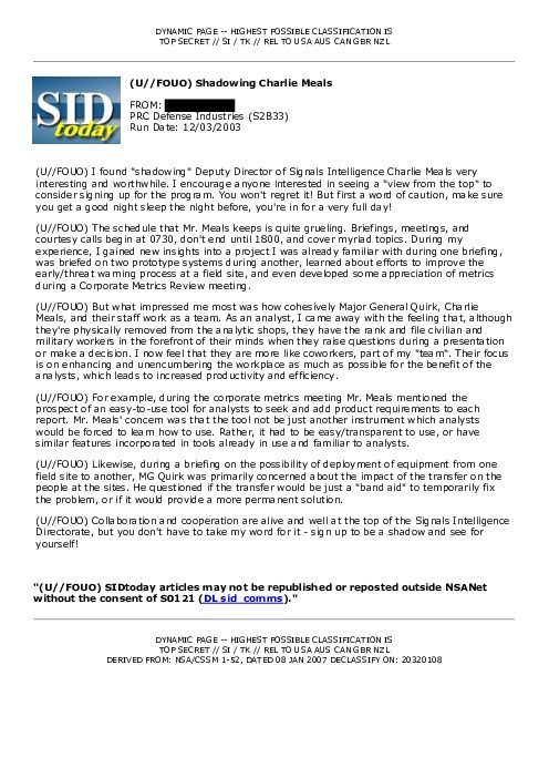 2003-12-03 SIDToday - Shadowing Charlie Meals