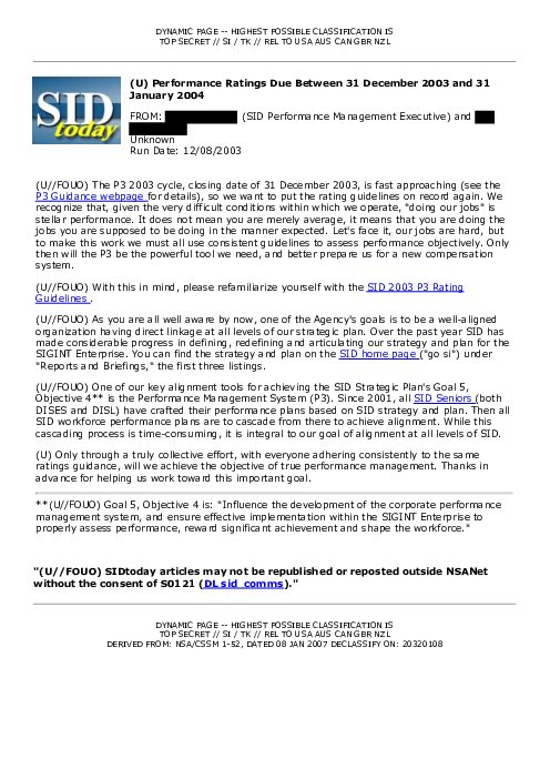 2003-12-08 SIDToday - Performance Ratings Due Between 31 December 2003 and 31 January 2004