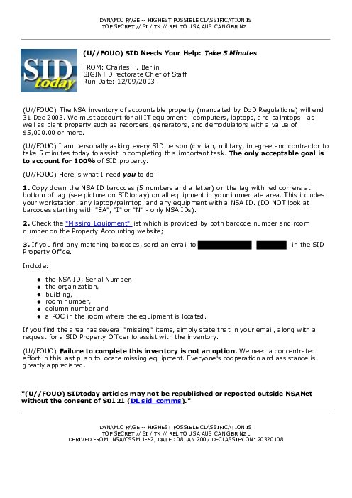 2003-12-09 SIDToday - SID Needs Your Help Take 5 Minutes