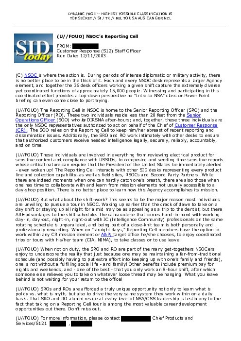 2003-12-11 SIDToday - NSOCs Reporting Cell