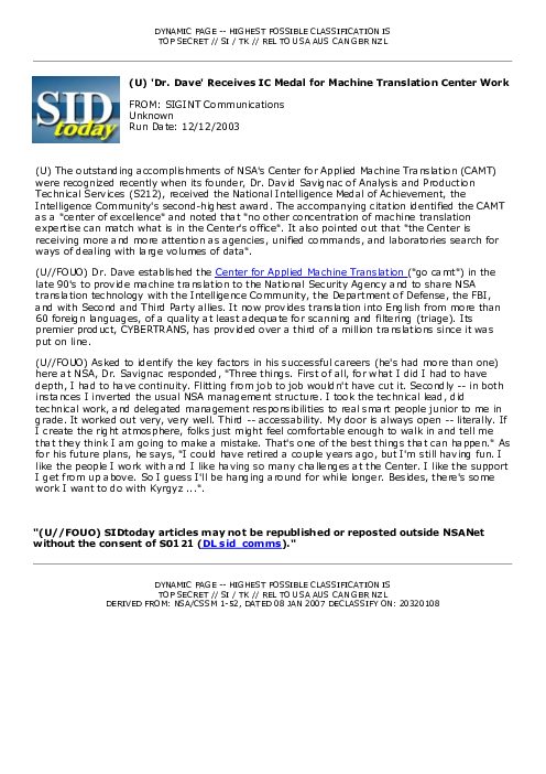 2003-12-12 SIDToday - Dr Dave Receives IC Medal for Machine Translation Center Work
