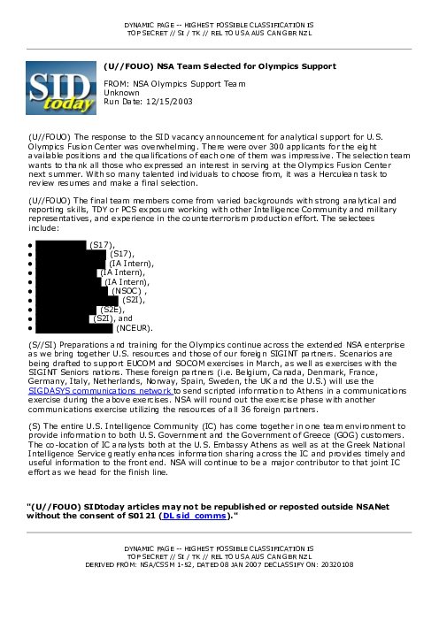 2003-12-15 SIDToday - NSA Team Selected for Olympics Support
