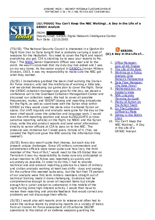 2003-12-15 SIDToday - You Cant Keep the NSC Waiting A Day in the Life of a GRSOC Analyst