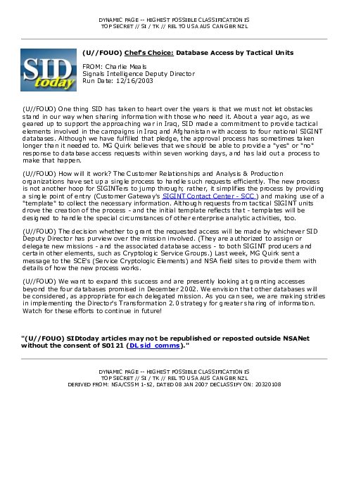 2003-12-16 SIDToday - Chefs Choice Database Access by Tactical Units