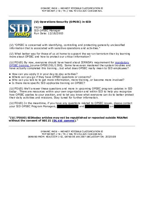 2003-12-18 SIDToday - Operations Security OPSEC in SID