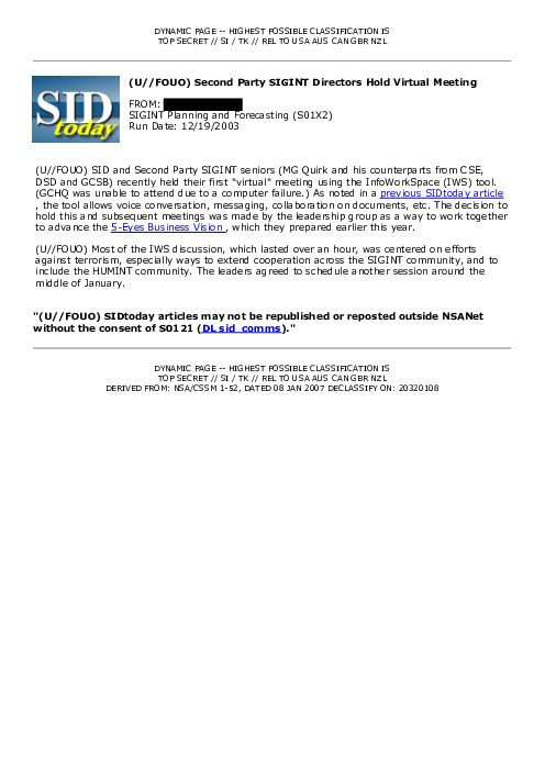 2003-12-19 SIDToday - Second Party SIGINT Directors Hold Virtual Meeting