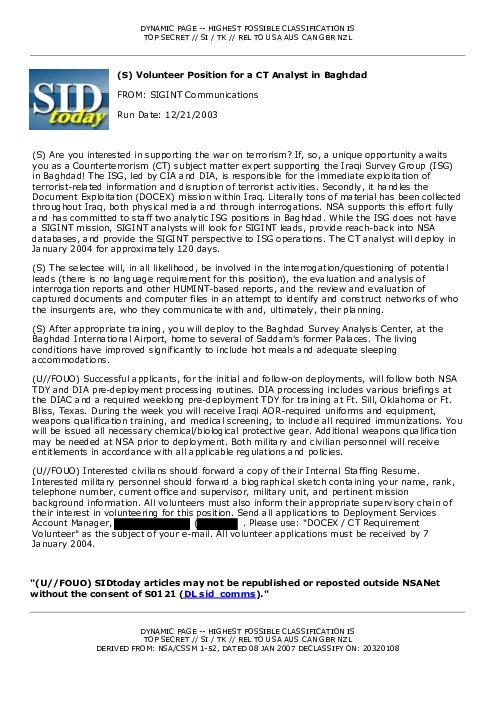 2003-12-21 SIDToday - Volunteer Position for a CT Analyst in Baghdad