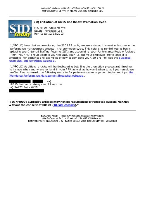2003-12-23 SIDToday - Initiation of GG15 and Below Promotion Cycle