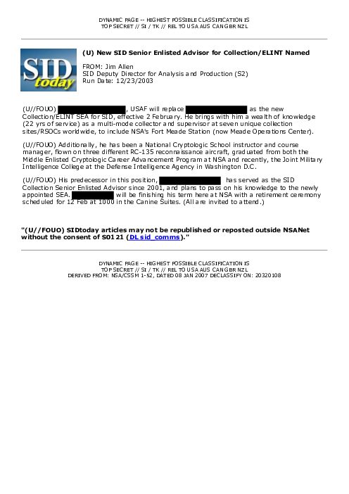 2003-12-23 SIDToday - New SID Senior Enlisted Advisor for CollectionELINT Named